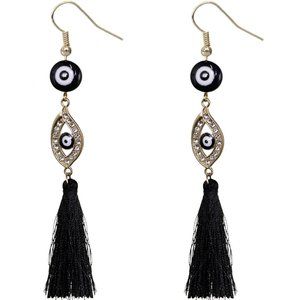 Black Evil Eye Beaded Tassel Drop Earrings